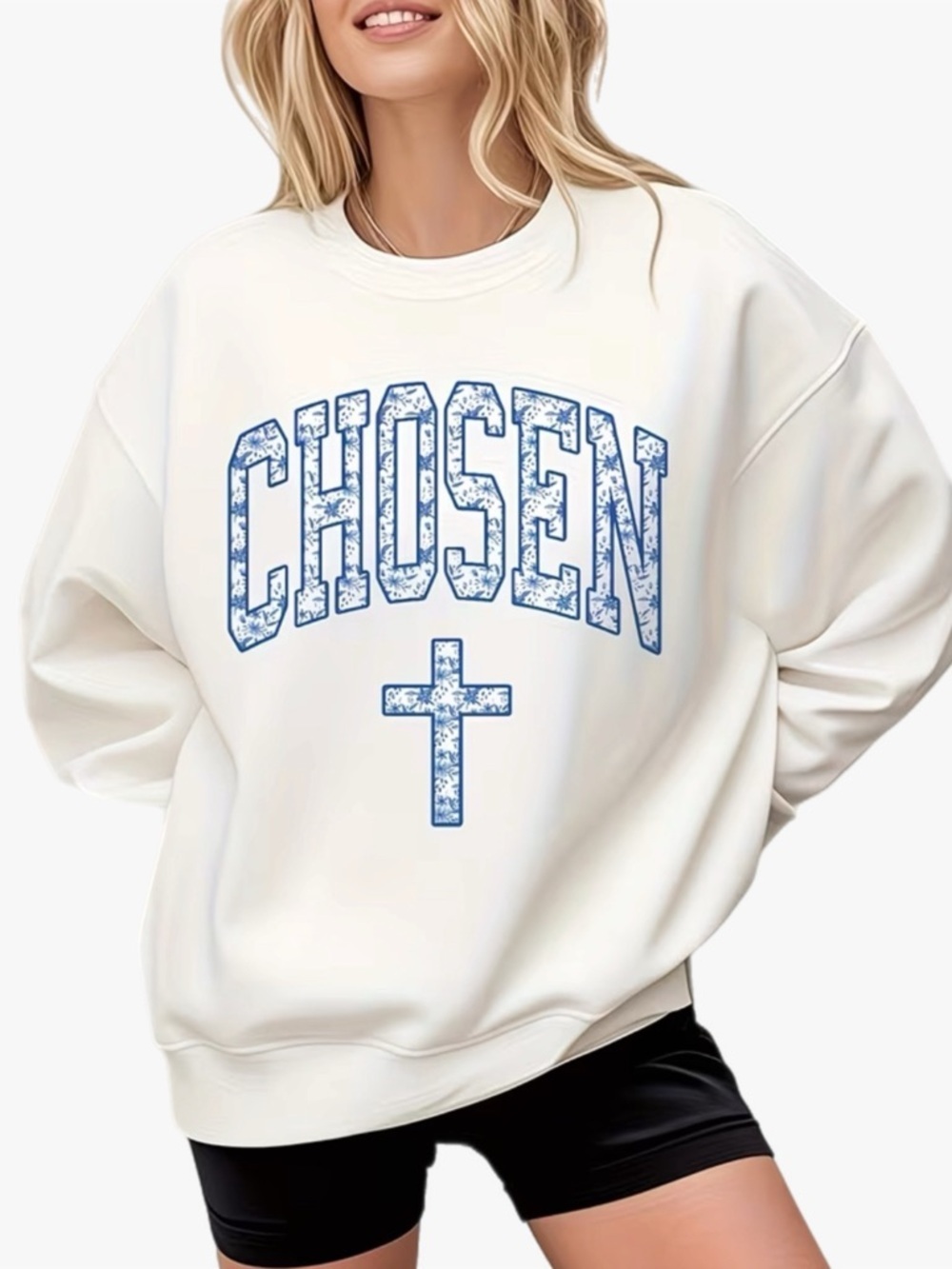 Floral Print Chosen Cross Pull Over Crew Neck Christian Sweatshirt Plus Size 2X
